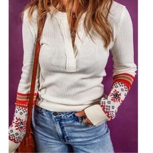 Free People Cream Waffle Knit Notched Neck Tribal Print Long Sleeve Top